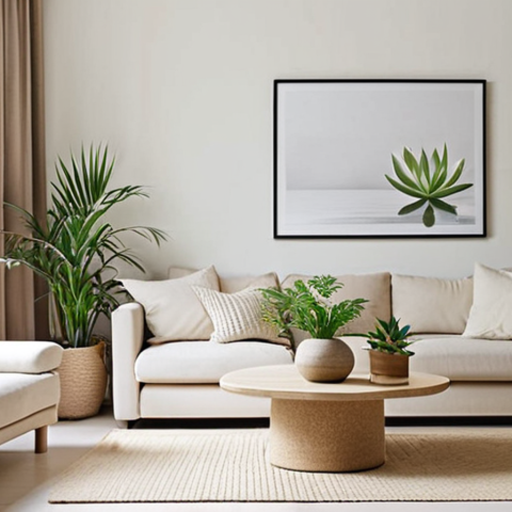 **Prompt:** A serene home interior, meticulously decluttered and bathed in natural light, embodying the principles of Feng Shui. Soft, neutral colors dominate, with subtle accents of green from strategically placed plants, promoting a sense of calm and well-being. The furniture arrangement encourages open space and a clear flow of Chi, reflecting a mindful and intentional design.