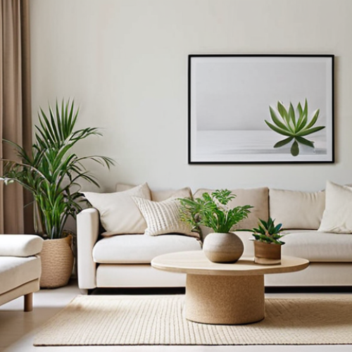 Home 11 **Prompt:** A serene home interior, meticulously decluttered and bathed in natural light, embodying the principles of Feng Shui. Soft, neutral colors dominate, with subtle accents of green from strategically placed plants, promoting a sense of calm and well-being. The furniture arrangement encourages open space and a clear flow of Chi, reflecting a mindful and intentional design.