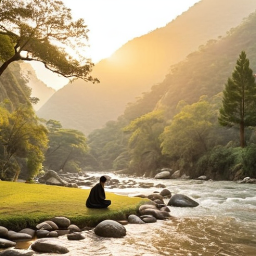 Home 6 **
A serene landscape blending Taoist and Christian symbolism. In the foreground, a person meditates peacefully by a gently flowing river (representing the Tao), while in the background, a soft, golden light streams down from the sky, illuminating a small, humble church nestled in a valley. The overall mood is one of tranquility and interconnectedness, reflecting the harmony between nature and spirituality. Soft, pastel colors with hints of gold.
**