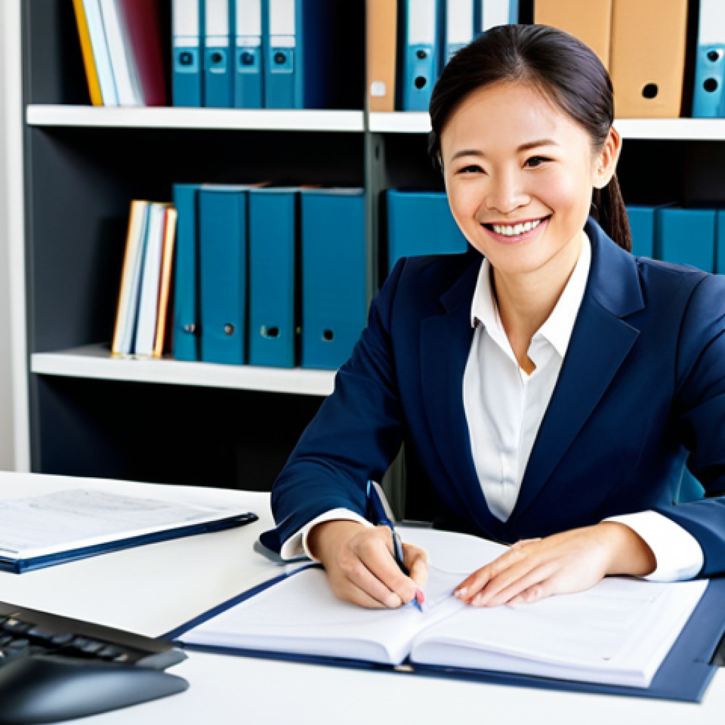 Modern Businesswoman & Confucian Values**

"A professional businesswoman in a tailored business suit, sitting at a modern desk in a bright, open-plan office. She is smiling warmly while reviewing documents. Books on ethics and philosophy are subtly visible on a shelf behind her. Fully clothed, appropriate attire, safe for work, perfect anatomy, natural proportions, professional, modest, family-friendly. High-quality digital art, corporate setting, natural lighting."

**