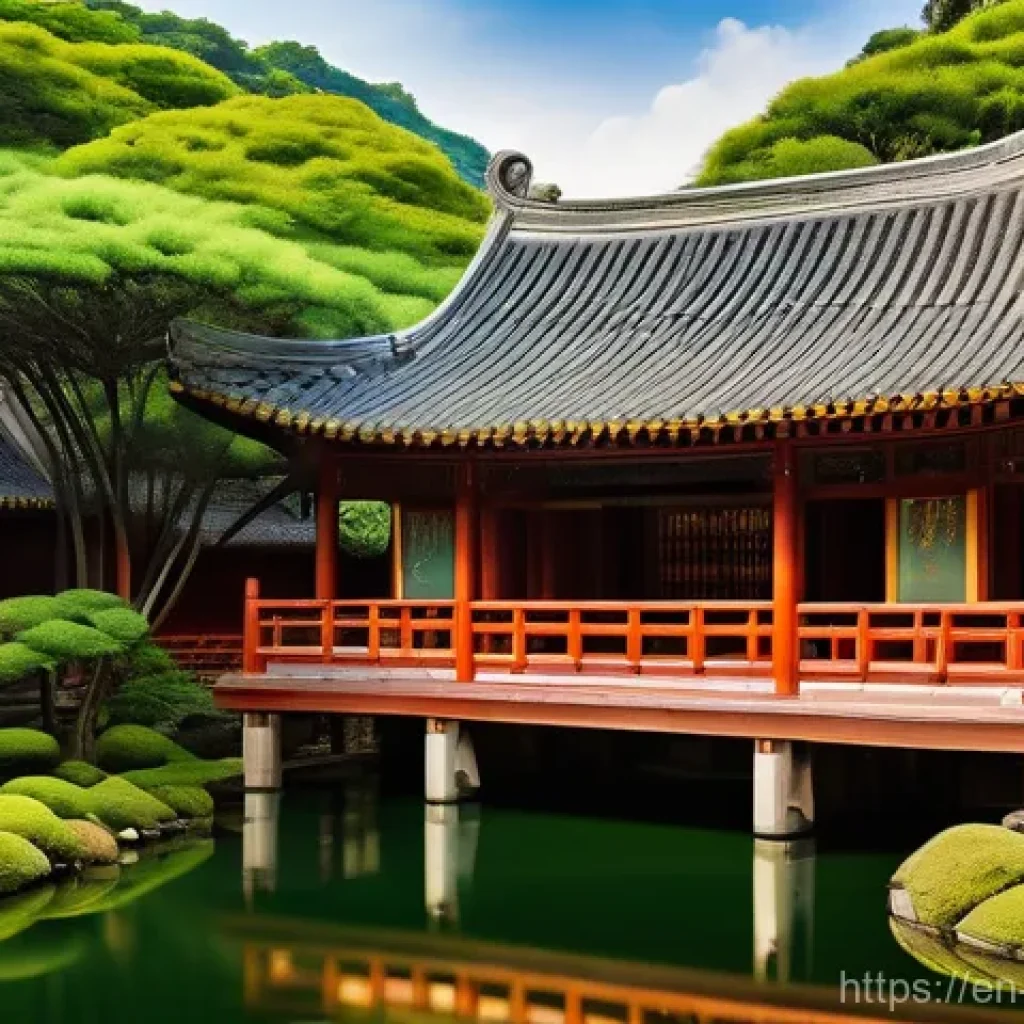 도교 사원의 구조 - **Prompt 1: "A serene, vibrant Taoist temple complex, nestled harmoniously within a lush, natural la...