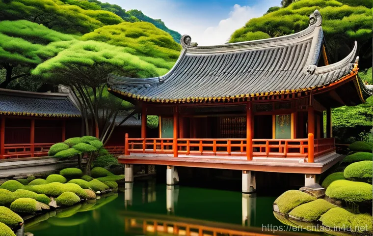 도교 사원의 구조 - **Prompt 1: "A serene, vibrant Taoist temple complex, nestled harmoniously within a lush, natural la...