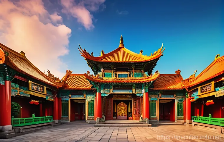 도교 사원의 구조 - **Prompt 2: "An immersive close-up view of a detailed section of a traditional Taoist temple courtya...