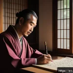 사서삼경 설명 - A serene ancient scholar seated in a traditional East Asian study room filled with scrolls and calli...