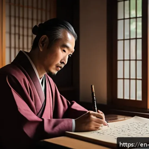 사서삼경 설명 - A serene ancient scholar seated in a traditional East Asian study room filled with scrolls and calli...
