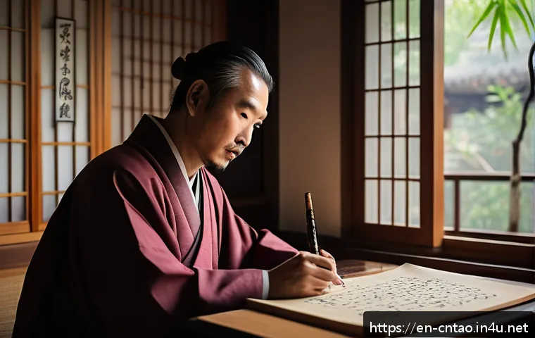 사서삼경 설명 - A serene ancient scholar seated in a traditional East Asian study room filled with scrolls and calli...