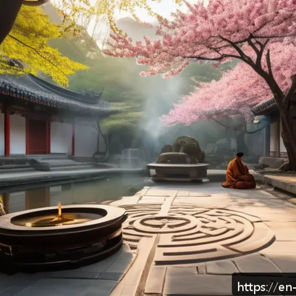 도교의 신화 - A serene Taoist temple courtyard at dawn, featuring an intricate Bagua diagram carved into stone flo...