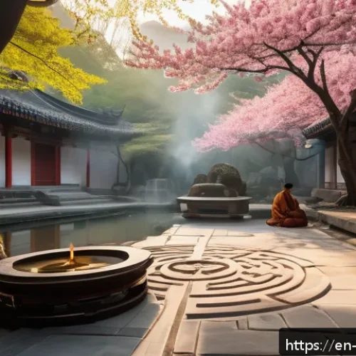 도교의 신화 - A serene Taoist temple courtyard at dawn, featuring an intricate Bagua diagram carved into stone flo...