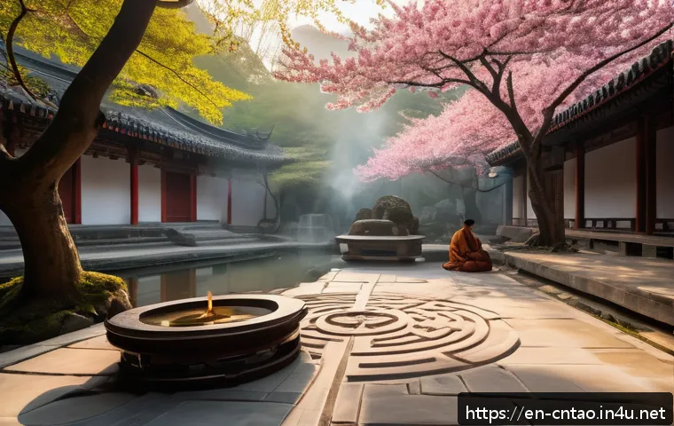 도교의 신화 - A serene Taoist temple courtyard at dawn, featuring an intricate Bagua diagram carved into stone flo...