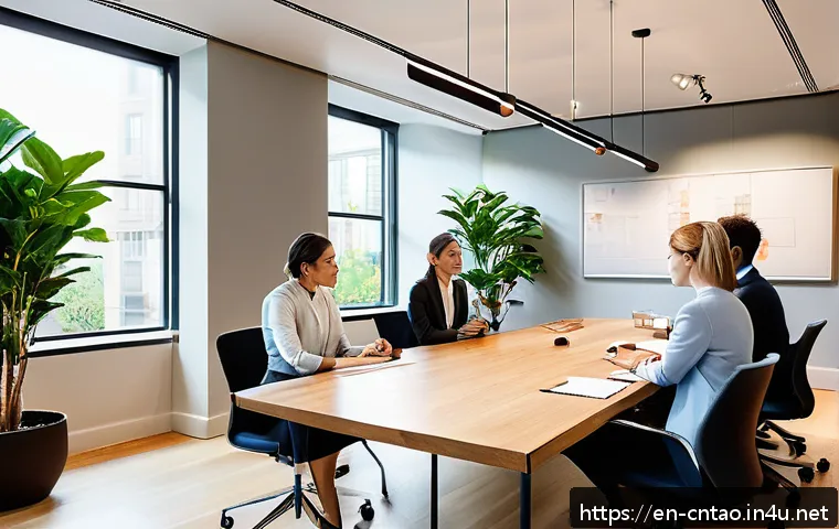 논어 주요 구절 - A serene modern workspace bathed in natural light, featuring a diverse group of professionals engage...